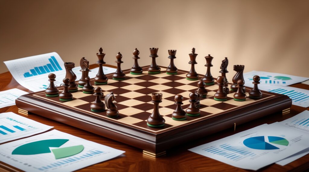 A chessboard featuring wooden pieces arranged on a checkered surface with printed graphs around it.