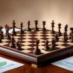 A chessboard featuring wooden pieces arranged on a checkered surface with printed graphs around it.
