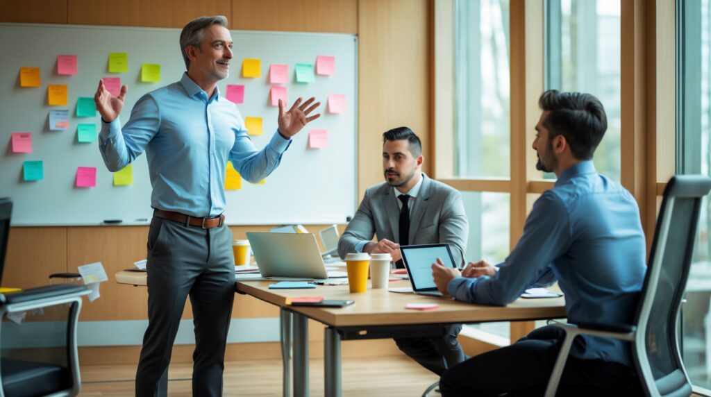 A middle-aged man presenting in a meeting room with two seated participants and a whiteboard covered in sticky notes.