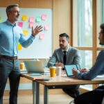 A middle-aged man presenting in a meeting room with two seated participants and a whiteboard covered in sticky notes.