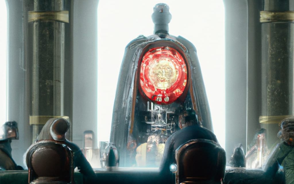 A futuristic control room featuring a central console with a glowing red circular display and seated figures in the foreground.