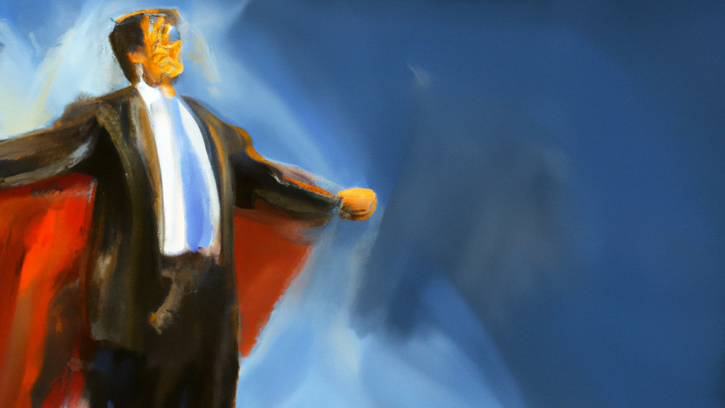 Abstract painting of a man in a suit with a red cape against a blue background.