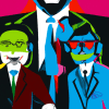 Colorful abstract illustration featuring three business figures in suits with headsets.
