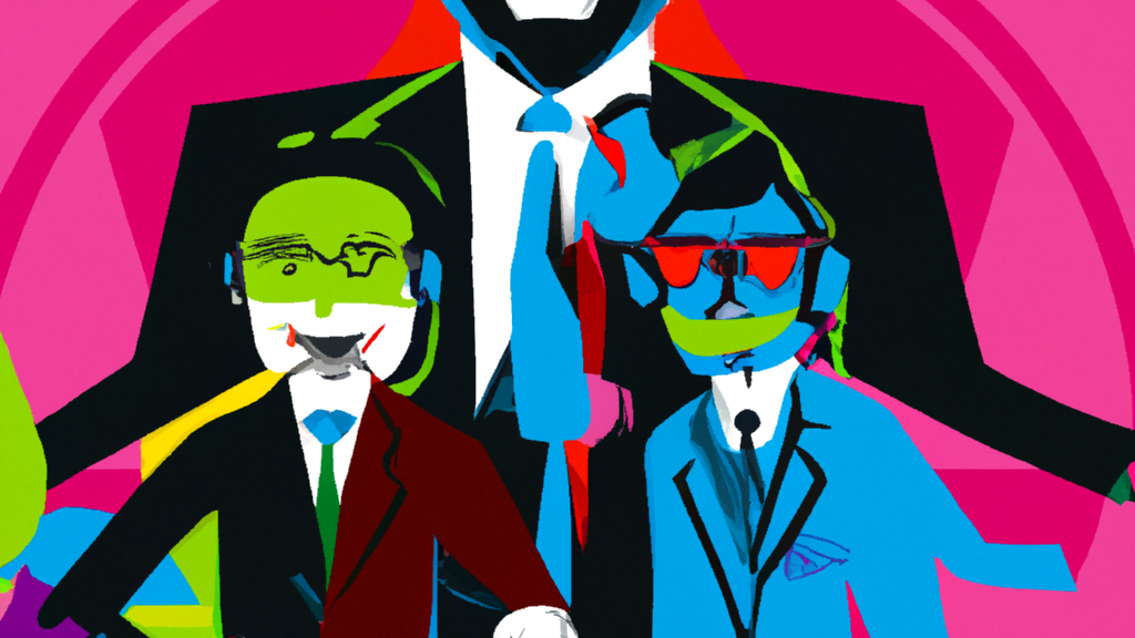 Colorful abstract illustration featuring three business figures in suits with headsets.
