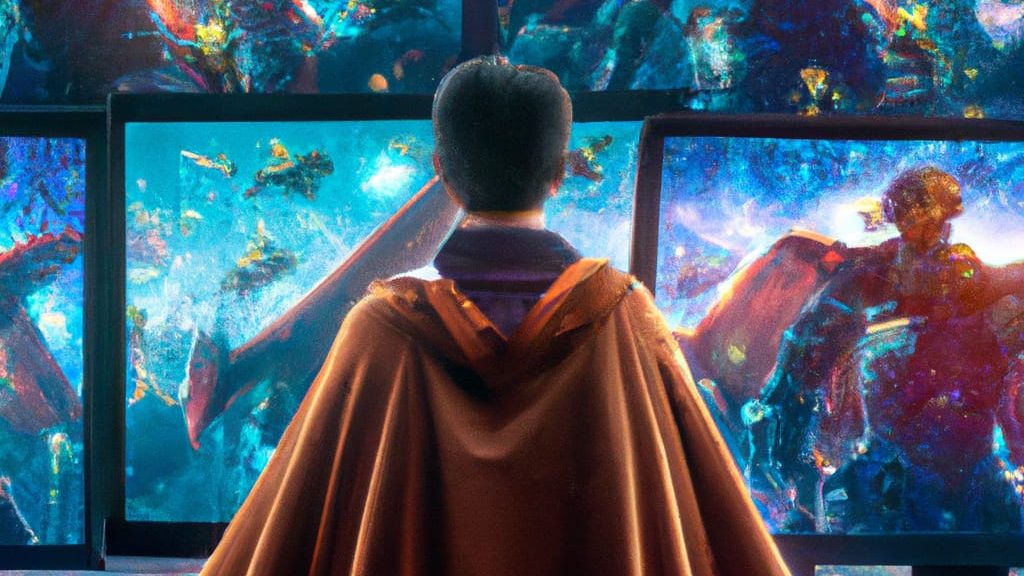 Individual wearing a cloak stands in front of multiple screens displaying vibrant, abstract visuals.