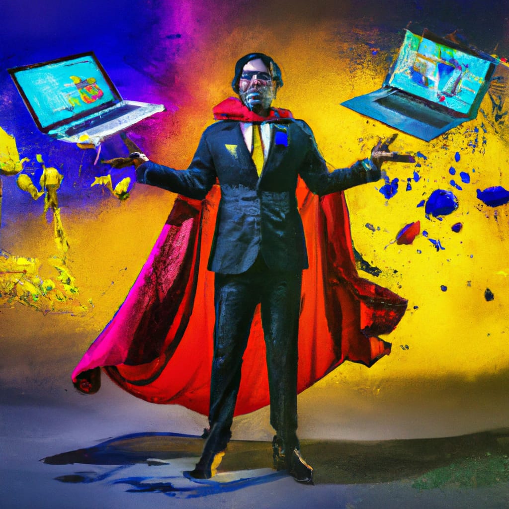 Individual in a suit with a red cape holding laptops in each hand against a vibrant, colorful background.