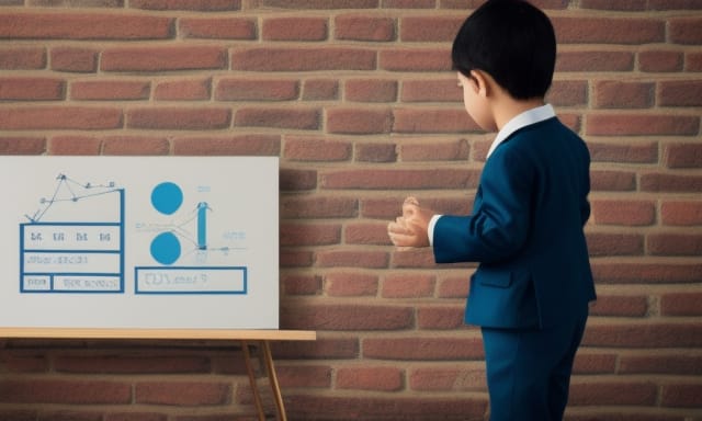 A child in a blue suit stands next to a presentation board with graphs and diagrams against a brick wall.