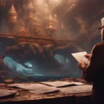 Individual reviewing papers while standing in a dimly lit space with a monitor and intricate structures in the background.