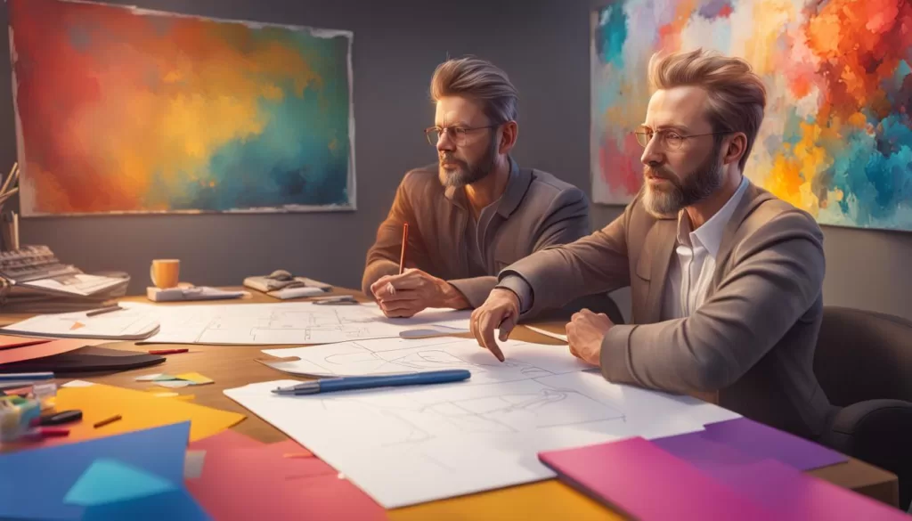 Two men with glasses discussing project plans at a table covered with papers and colorful materials.