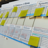 A project management board featuring various documents and sticky notes organized in rows.