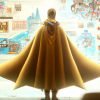 A character wearing a yellow cape stands in front of a brightly lit window with various artworks displayed.