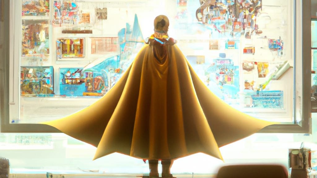 A character wearing a yellow cape stands in front of a brightly lit window with various artworks displayed.