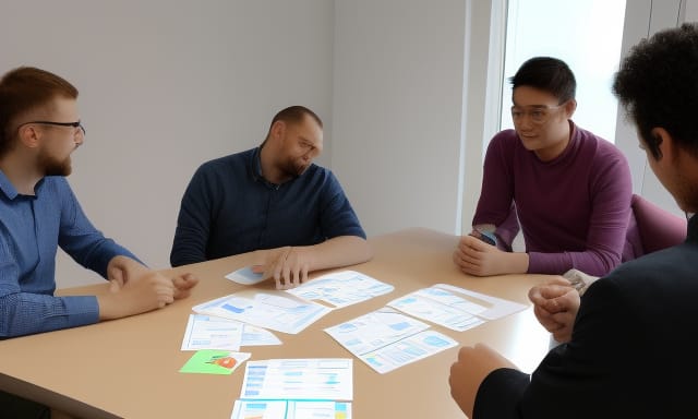 Four men sitting around a table with documents and notes during a discussion.