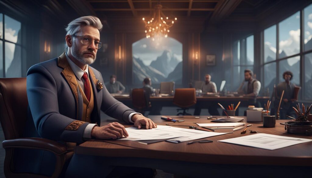 A project manager with gray hair and glasses seated at a table during a meeting with colleagues in a conference room.