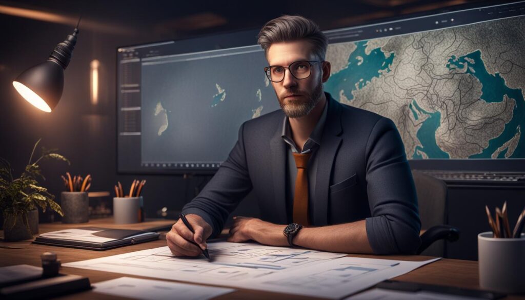 A project manager in a suit working on a project plan at a desk with digital maps in the background.