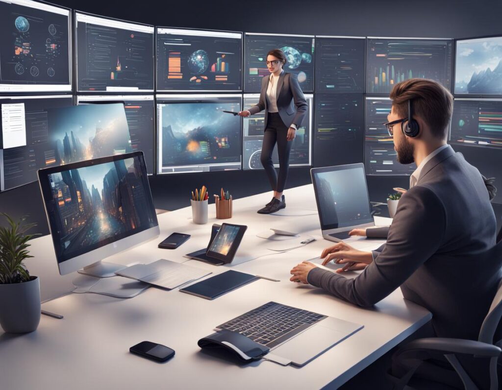 A modern office workspace featuring multiple screens displaying data and a person standing while presenting.