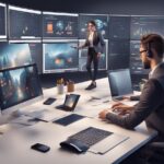 A modern office workspace featuring multiple screens displaying data and a person standing while presenting.