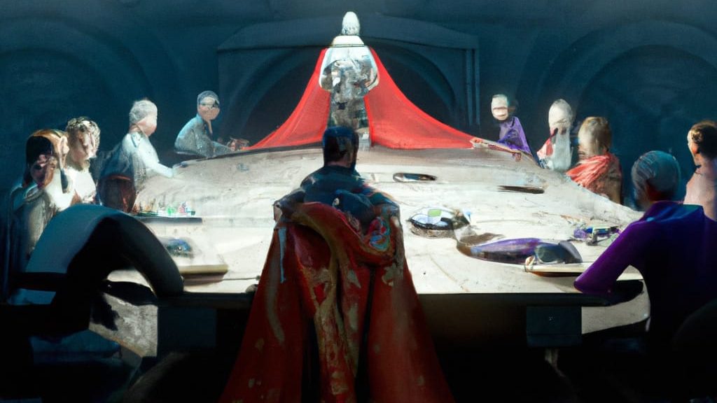 A round table surrounded by various figures, with a central figure draped in red fabric.