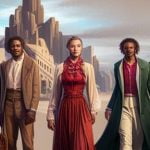 Five individuals dressed in stylized clothing standing together in a surreal landscape.