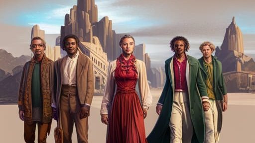 Five individuals dressed in stylized clothing standing together in a surreal landscape.