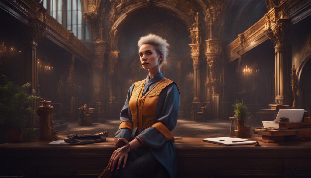 A project manager with short hair, wearing a blue and gold outfit, seated at a desk in a grand interior.