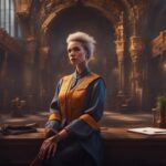 A project manager with short hair, wearing a blue and gold outfit, seated at a desk in a grand interior.