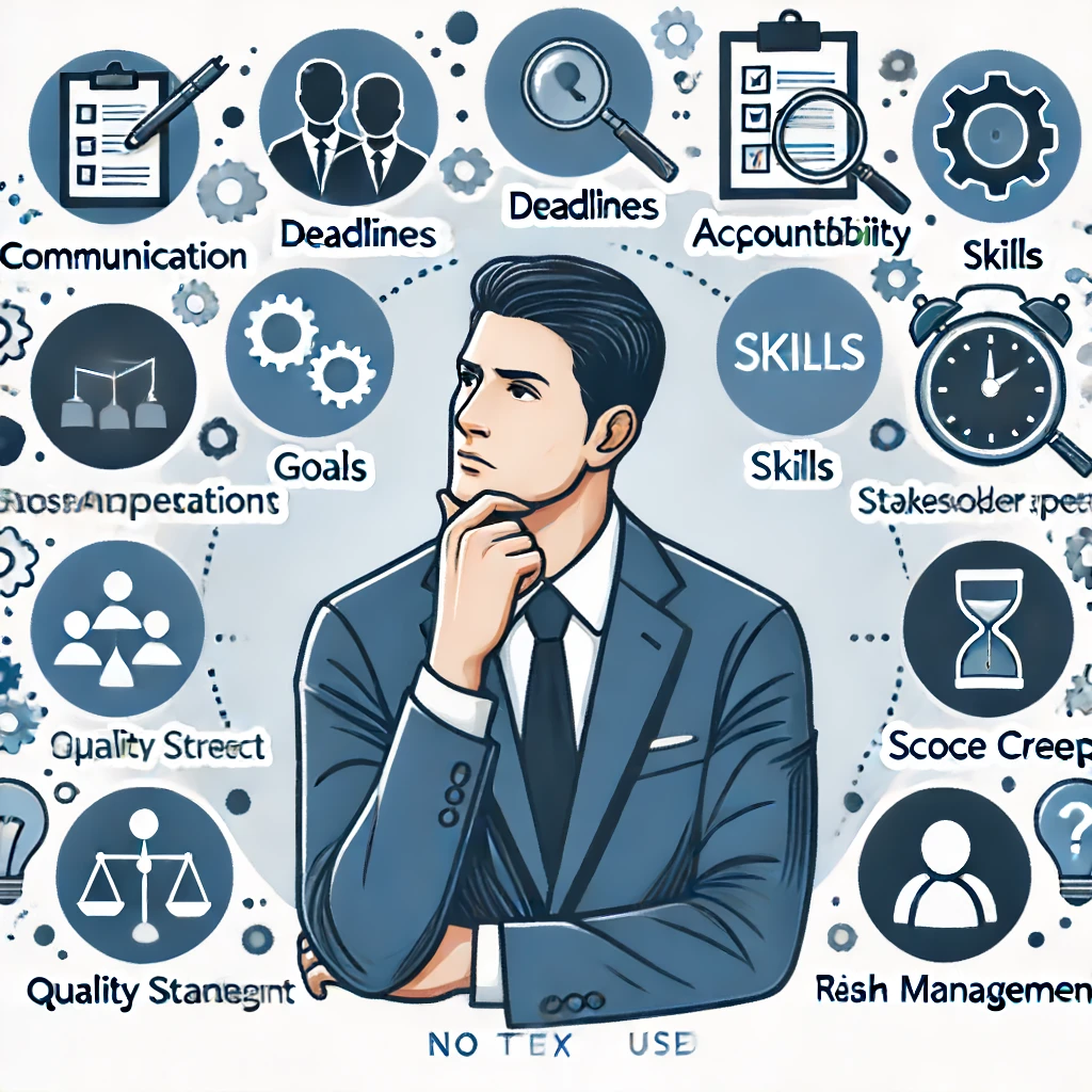 A professional illustration of a project manager contemplating various project-related issues and concepts.