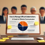 A computer screen showing a guide on managing difficult stakeholders with sticky notes on the desk.