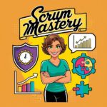 Illustration of a woman with a confident expression, surrounded by Scrum-related graphics and icons.