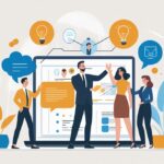 Illustration depicting a group of professionals discussing communication techniques with visual elements like light bulbs and speech bubbles.