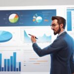 Business analyst pointing at a large board displaying various data visualizations and charts.