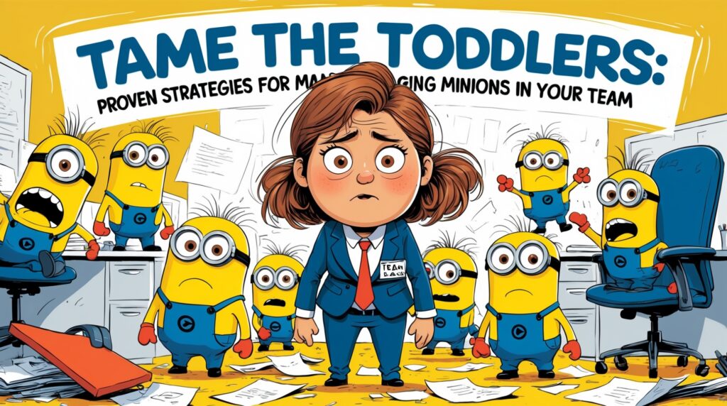 A cartoon illustration of a woman in a suit surrounded by yellow minion characters in a chaotic office setting.
