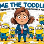 A cartoon illustration of a woman in a suit surrounded by yellow minion characters in a chaotic office setting.