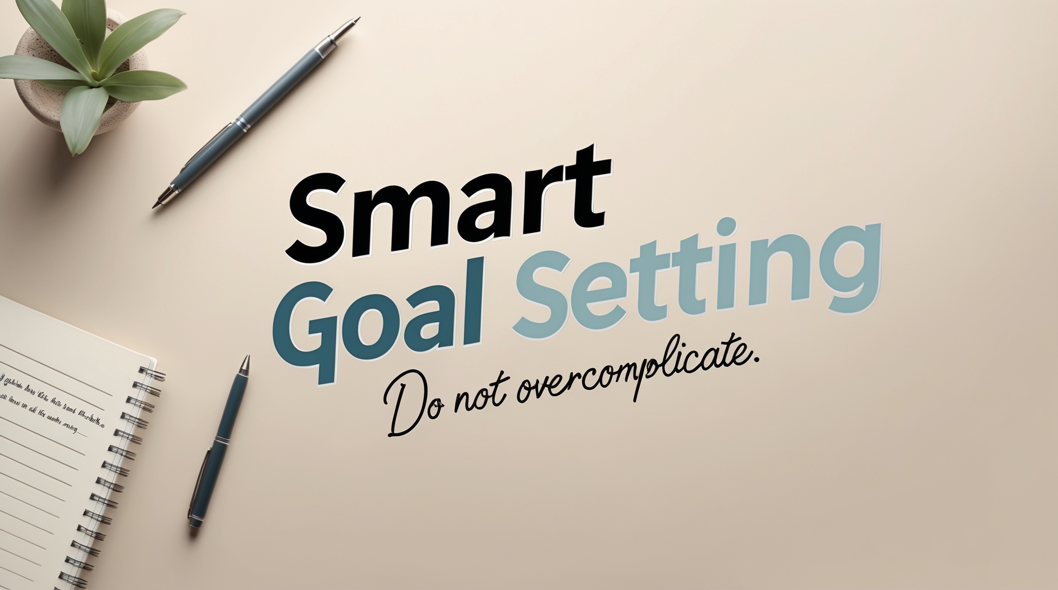 Text that reads 'Smart Goal Setting' with a notebook and pens on a light surface.