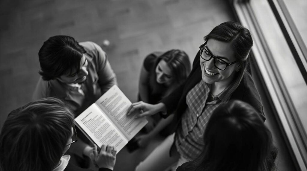 Five individuals gathered around a book, discussing its content in a collaborative setting.