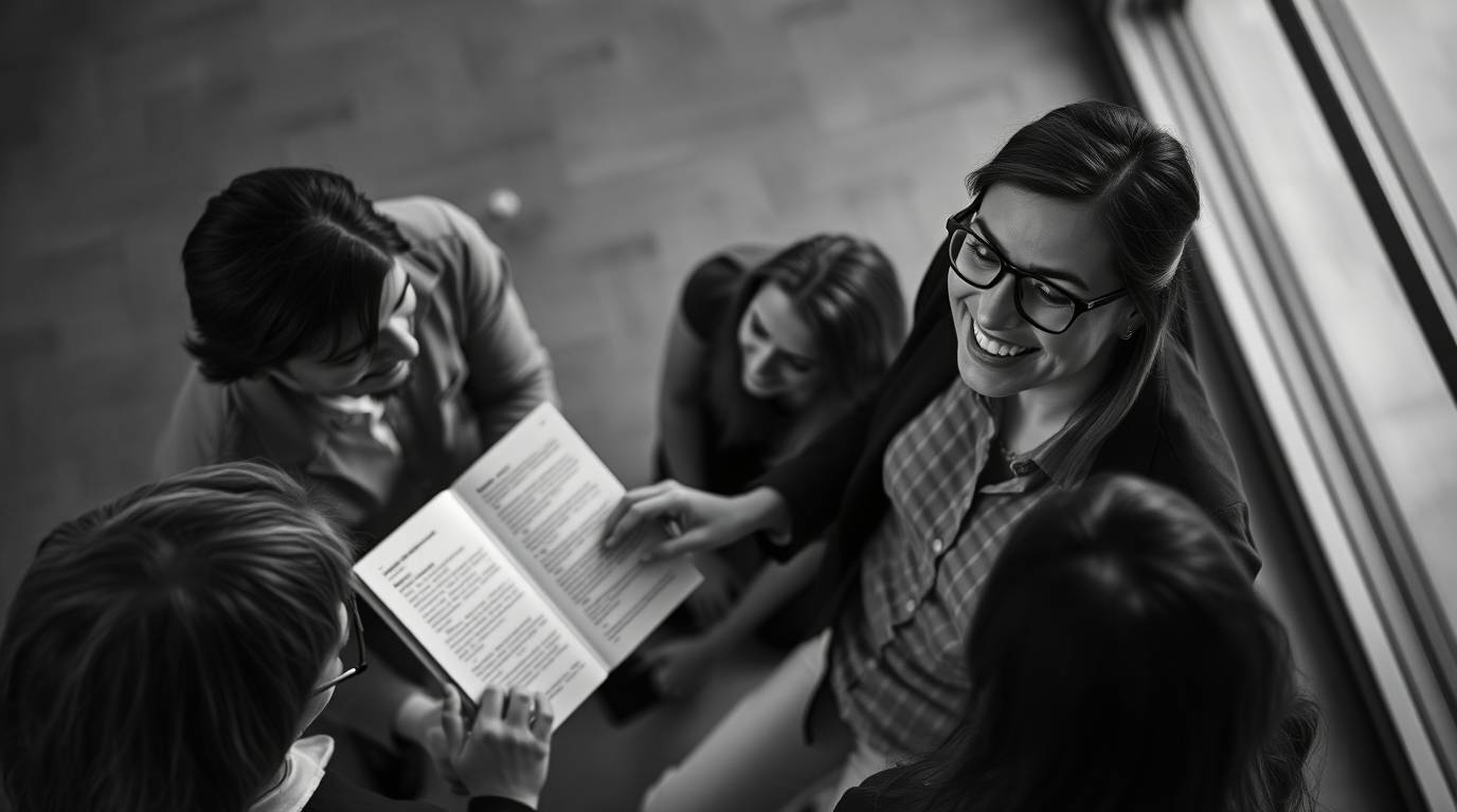 Five individuals gathered around a book, discussing its content in a collaborative setting.